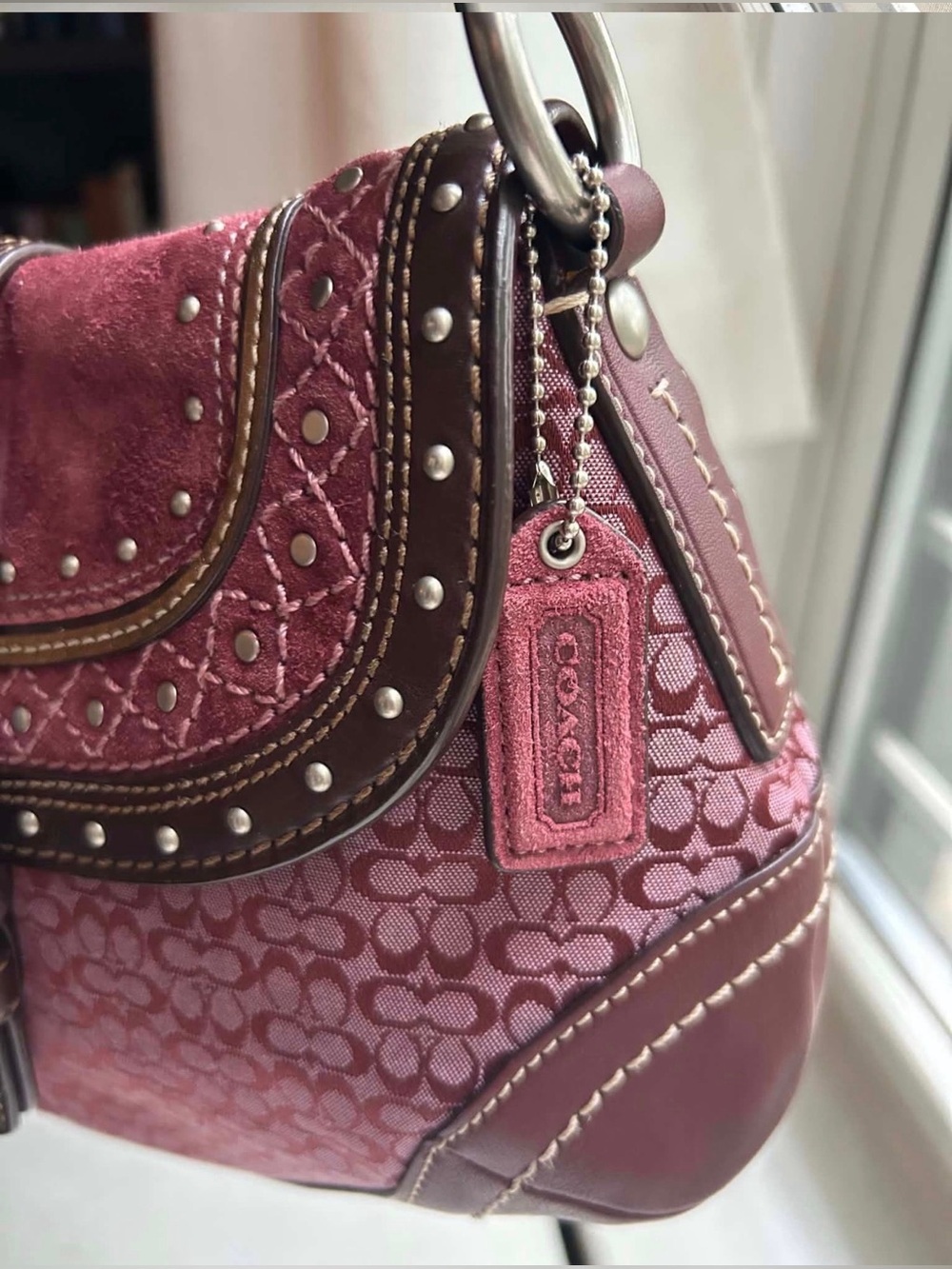 Coach Soho Flap RARE Plum/Burgundy Suede & Mini C Shoulder Bag with Studs - Picture 5 of 8